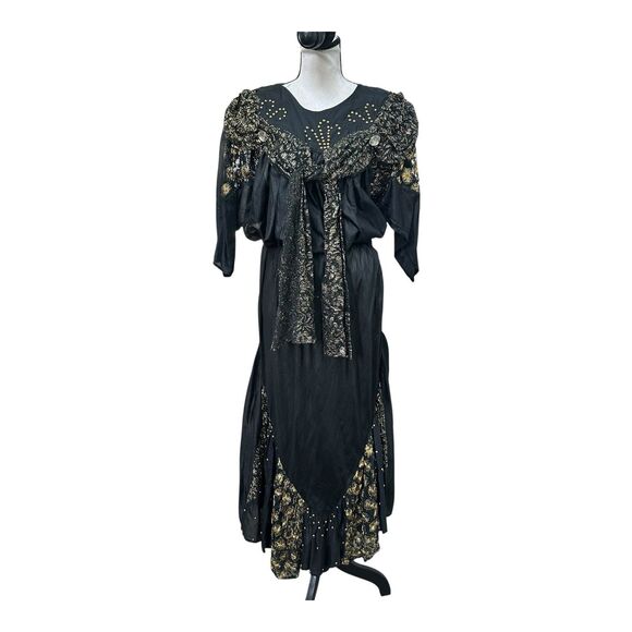 Vintage Amor Black Silk Gothic Glam Skirt & Top Set L India Gold Beading - Picture 1 of 16